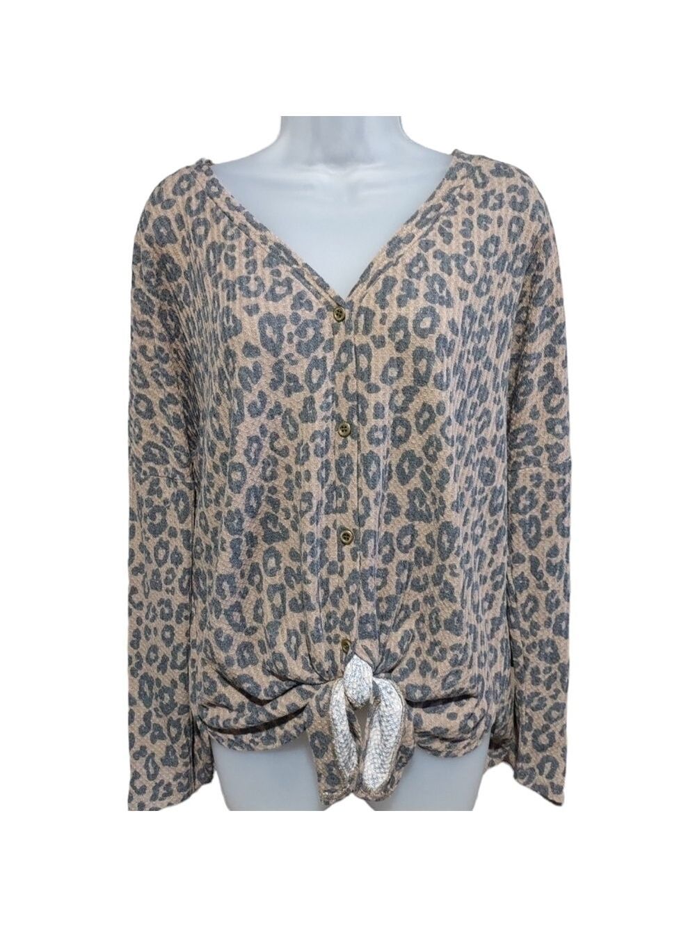 Iwollence Leopard Print Tie Front Knit Thermal Top Medium